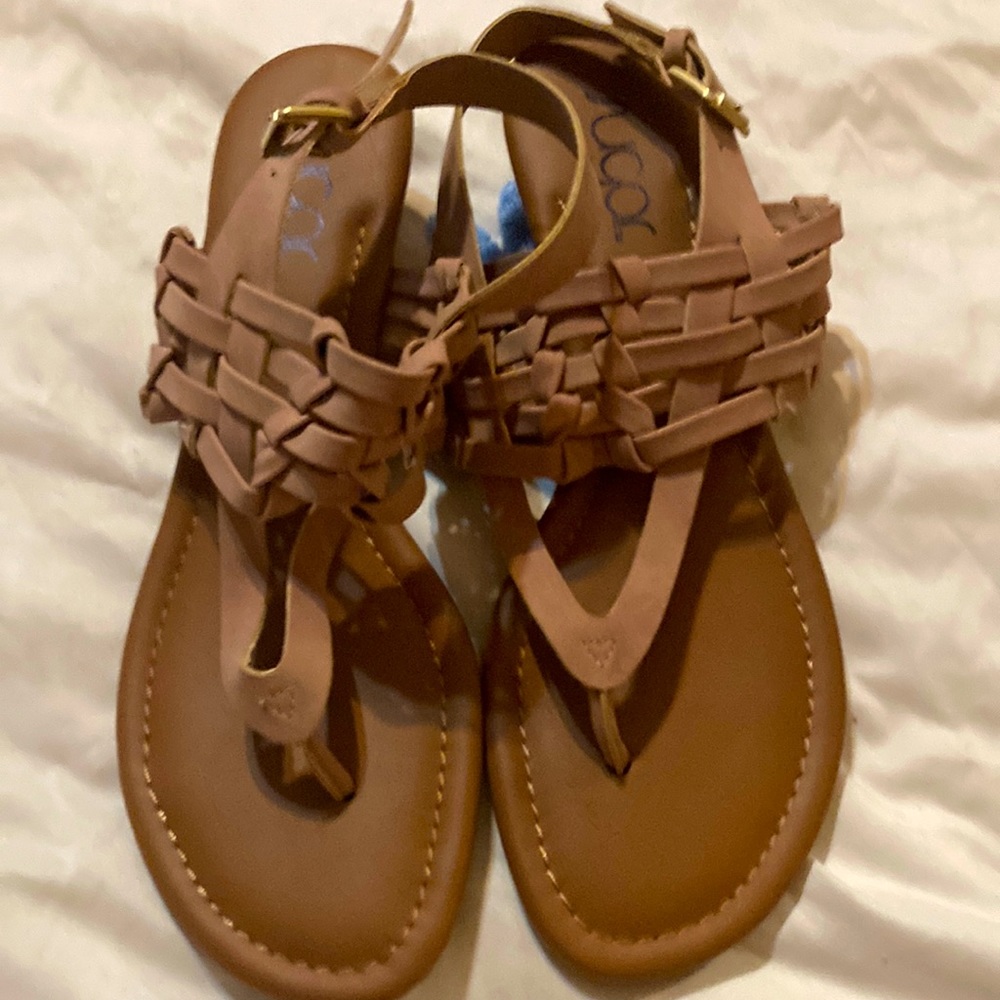 New without tags. Sugar sandals size 9. Light brown with a small wedge